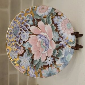 Vintage Gold Floral Large Decorative Plate Macau Stamped